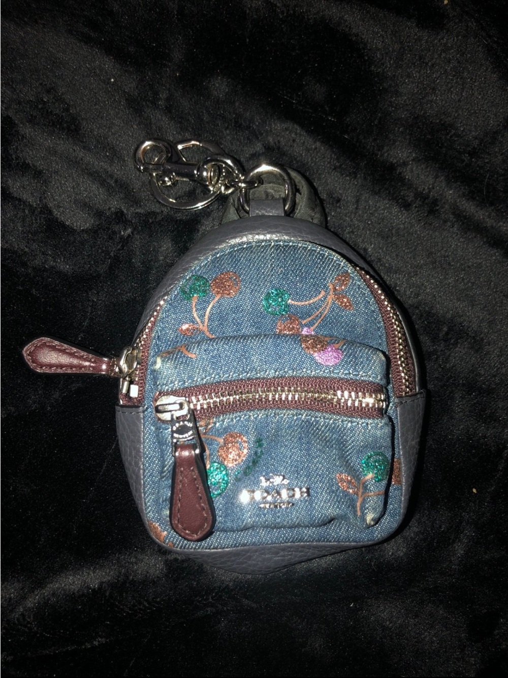 Coach denim cherry mini backpack key chain bag charm fob 31550